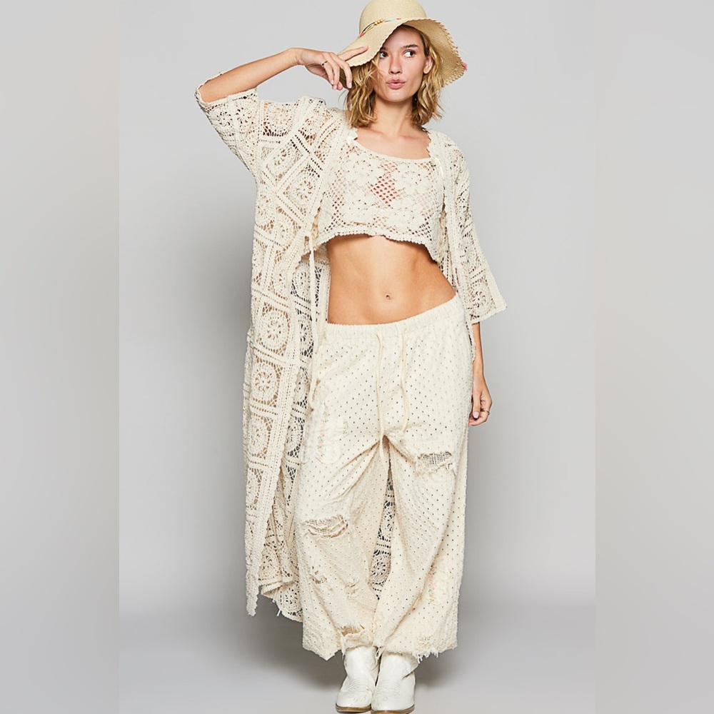 542. POL Maxi Tan Cream Crochet Cardigan long open flowy bohemian boho POL - Picture 2 of 6
